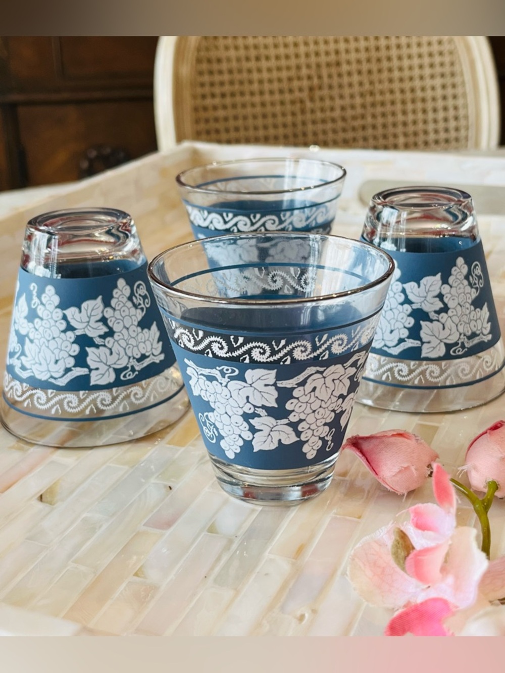 4-pc Vintage Hazel-Atlas Grapes White on Wedgewood Blue Shot Glasses 4 oz.